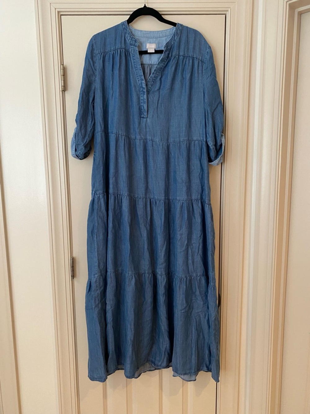 Chico's 2.5 Blue Tiered Maxi Dress - V-Neck, Rolled Sleeves